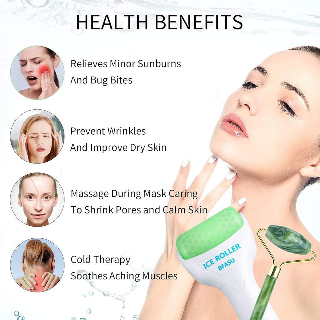 Facial Roller Set of 3, Ice Roller, Two-Sided Jade Roller and Gua Sha Massage Tool, Rolling Tool for Facial Beauty and Body Massage, Helps Reduce Puffy,Skin Care Gifts (Green)