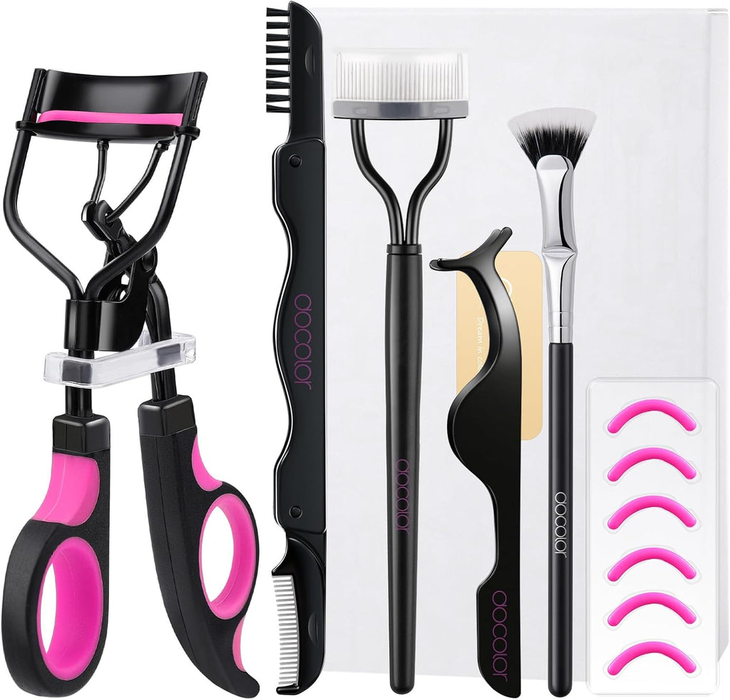 Eyelash Curler Kit, 5 in 1 Lash Curler Kit, Eyelash Comb Fan Mascara Brush Eyelash Extension Tweezers Eyebrow Brush and Comb with 6 Extra Replacement Refill Pads Eyelash Applicator Makeup Tool