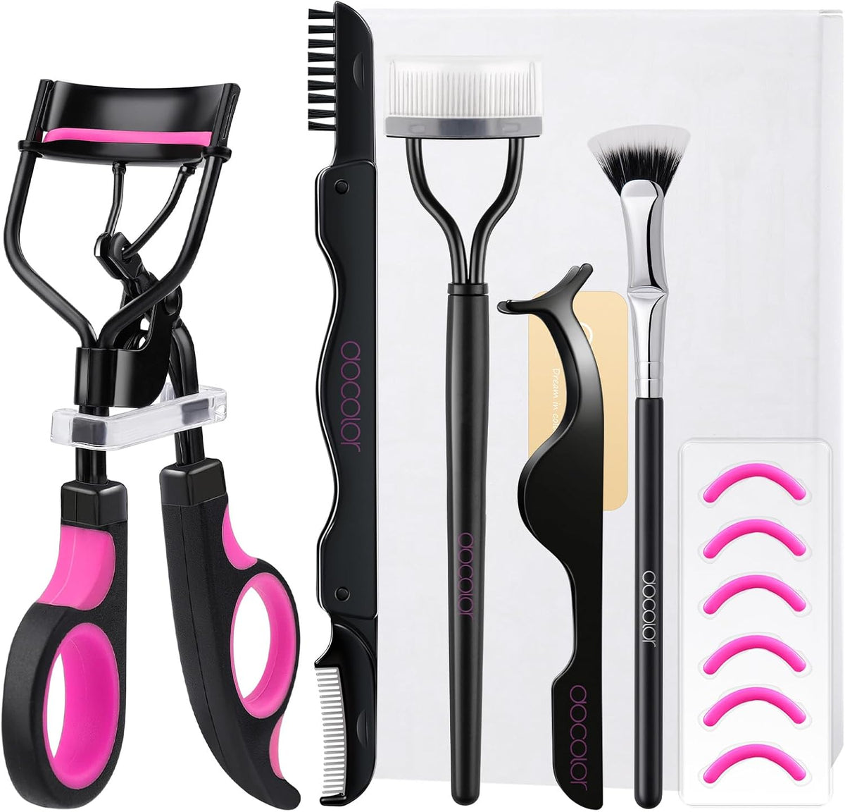 Eyelash Curler Kit, 5 in 1 Lash Curler Kit, Eyelash Comb Fan Mascara Brush Eyelash Extension Tweezers Eyebrow Brush and Comb with 6 Extra Replacement Refill Pads Eyelash Applicator Makeup Tool