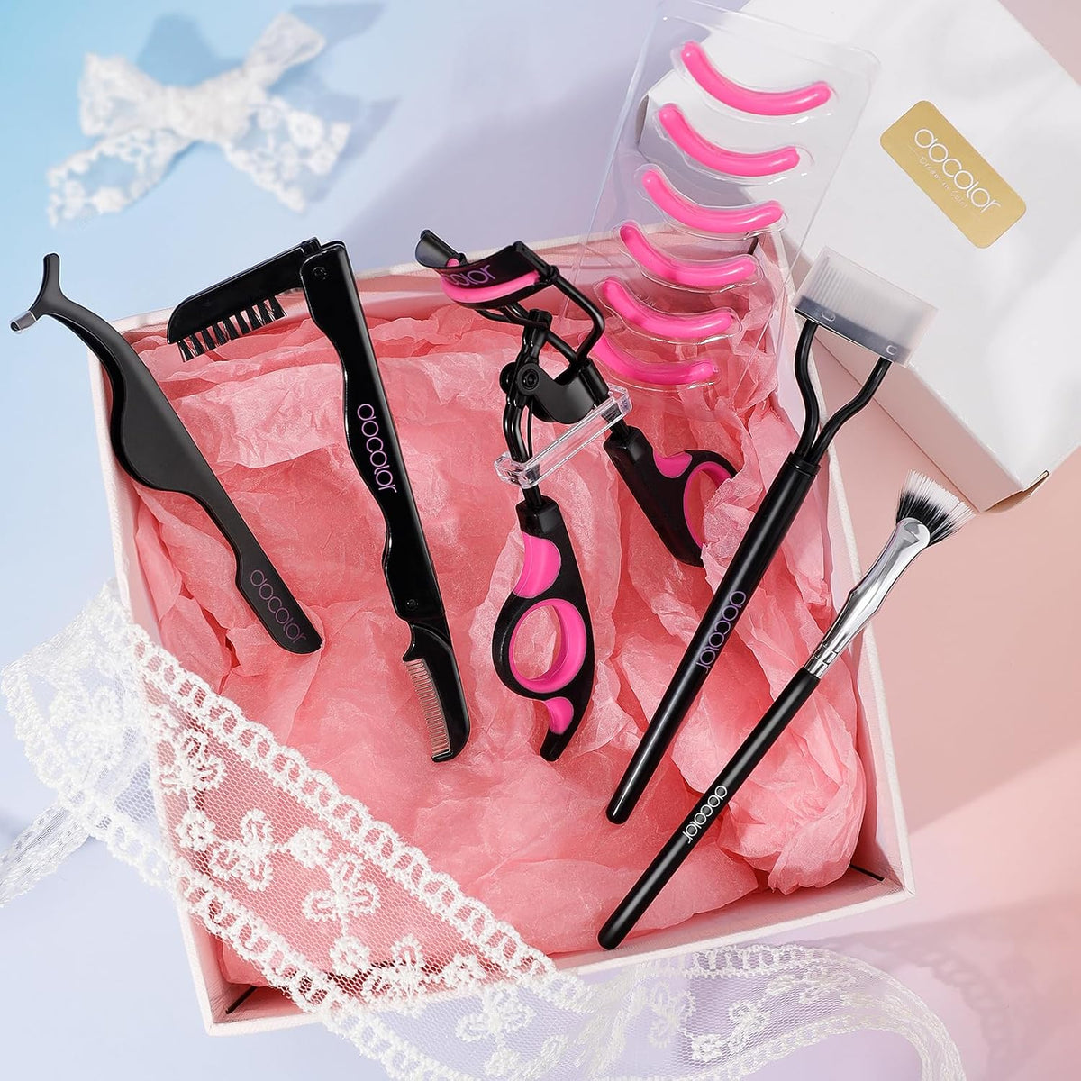 Eyelash Curler Kit, 5 in 1 Lash Curler Kit, Eyelash Comb Fan Mascara Brush Eyelash Extension Tweezers Eyebrow Brush and Comb with 6 Extra Replacement Refill Pads Eyelash Applicator Makeup Tool