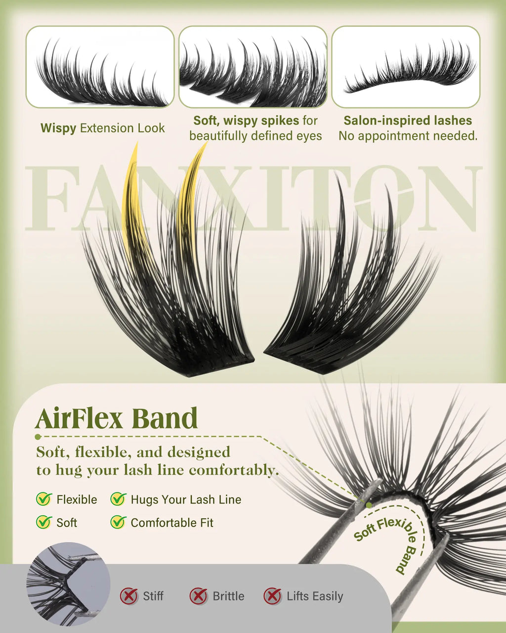 FANXITON Flare Wispy Lash Clusters Kit, 169 Pcs Wide Spiky Clusters, 10-18Mm CD Curl, Airflex Ultra-Thin Band, Salon-Inspired DIY Lash Extension Look with Bond & Seal, Tweezers and Brush