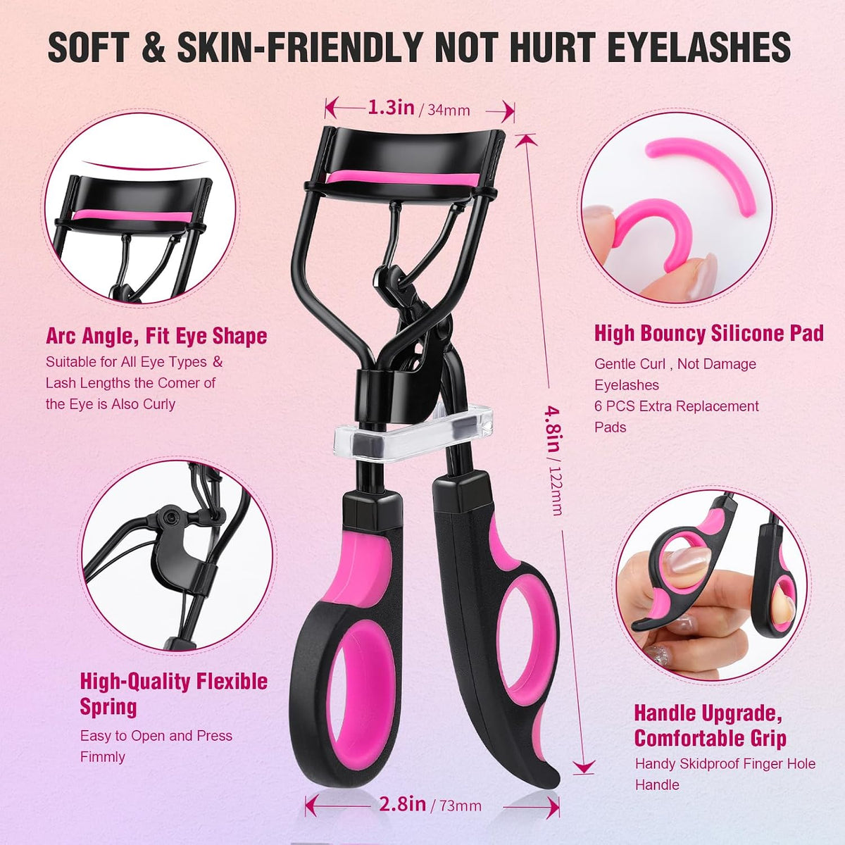 Eyelash Curler Kit, 5 in 1 Lash Curler Kit, Eyelash Comb Fan Mascara Brush Eyelash Extension Tweezers Eyebrow Brush and Comb with 6 Extra Replacement Refill Pads Eyelash Applicator Makeup Tool