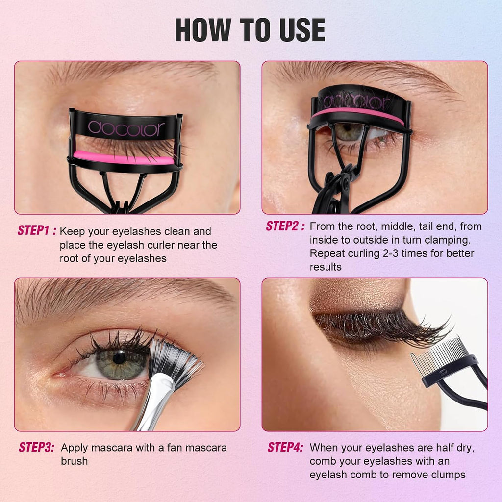 Eyelash Curler Kit, 5 in 1 Lash Curler Kit, Eyelash Comb Fan Mascara Brush Eyelash Extension Tweezers Eyebrow Brush and Comb with 6 Extra Replacement Refill Pads Eyelash Applicator Makeup Tool