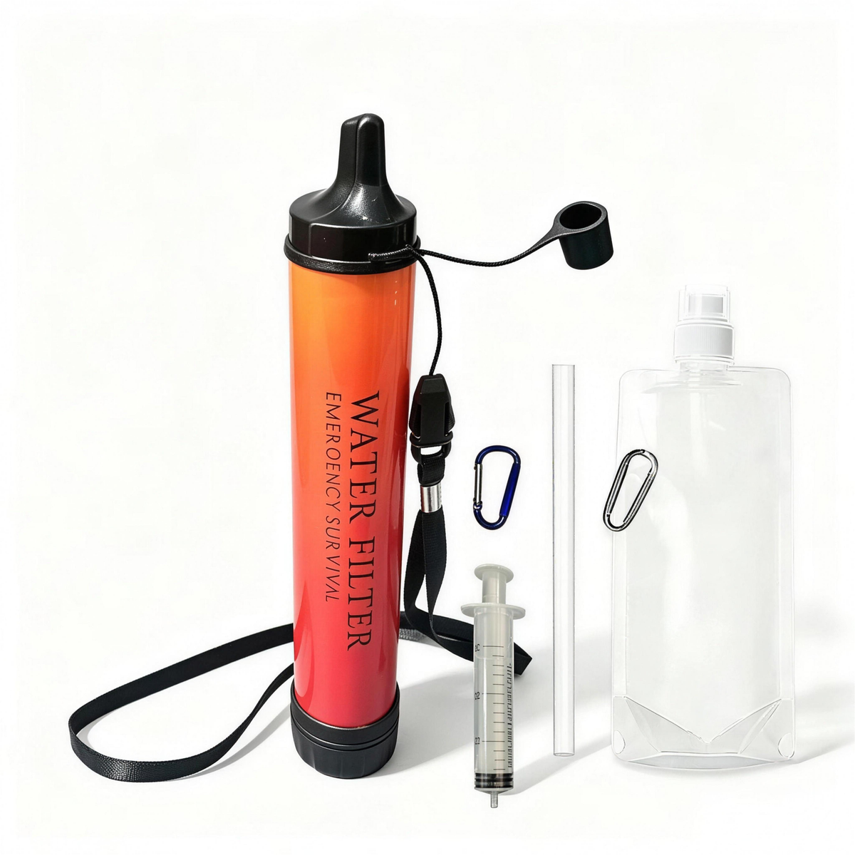 Full kit: filter straw, water pouch, tube, syringe, carabiner