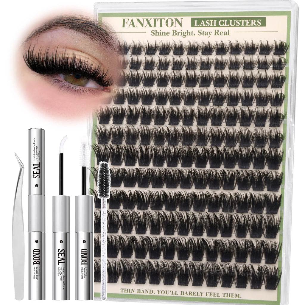 FANXITON Flare Wispy Lash Clusters Kit, 169 Pcs Wide Spiky Clusters, 10-18Mm CD Curl, Airflex Ultra-Thin Band, Salon-Inspired DIY Lash Extension Look with Bond & Seal, Tweezers and Brush