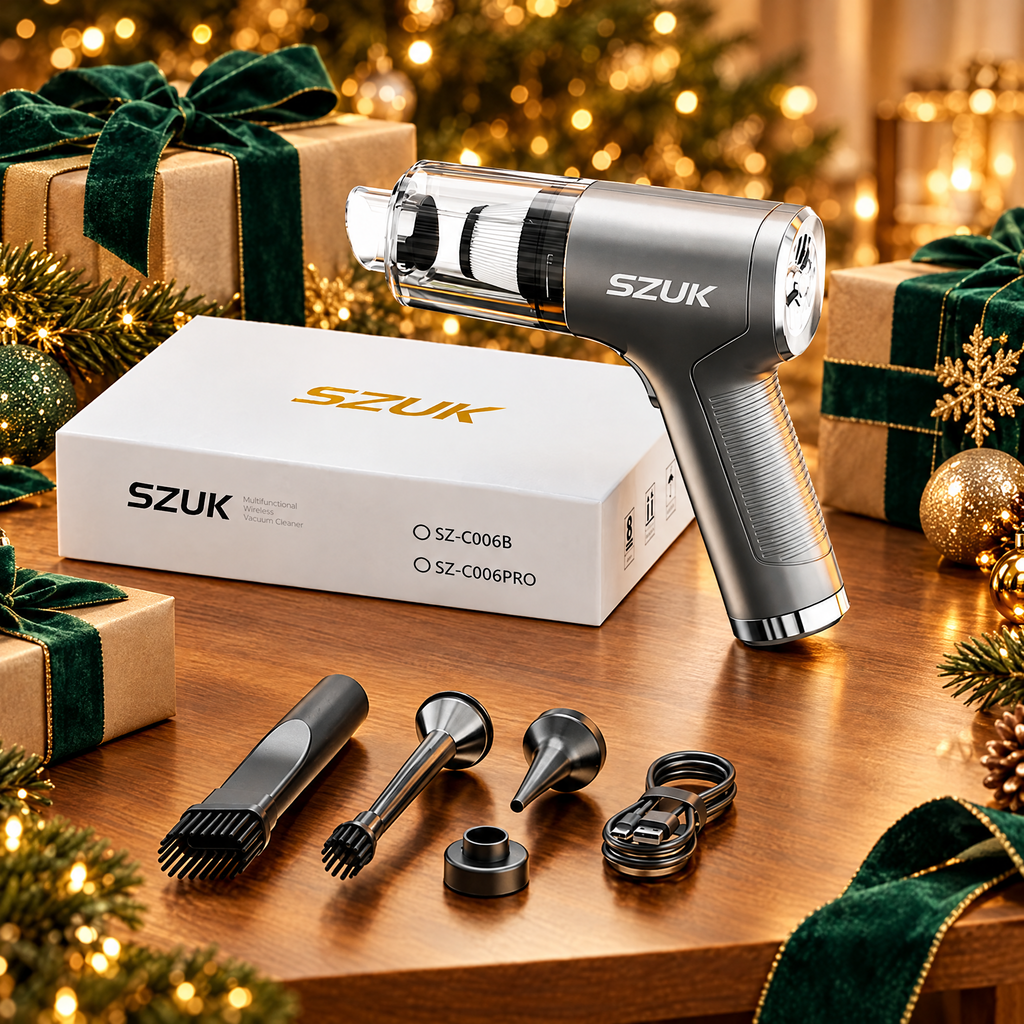 Cordless car vacuum in its gift box beside Christmas presents