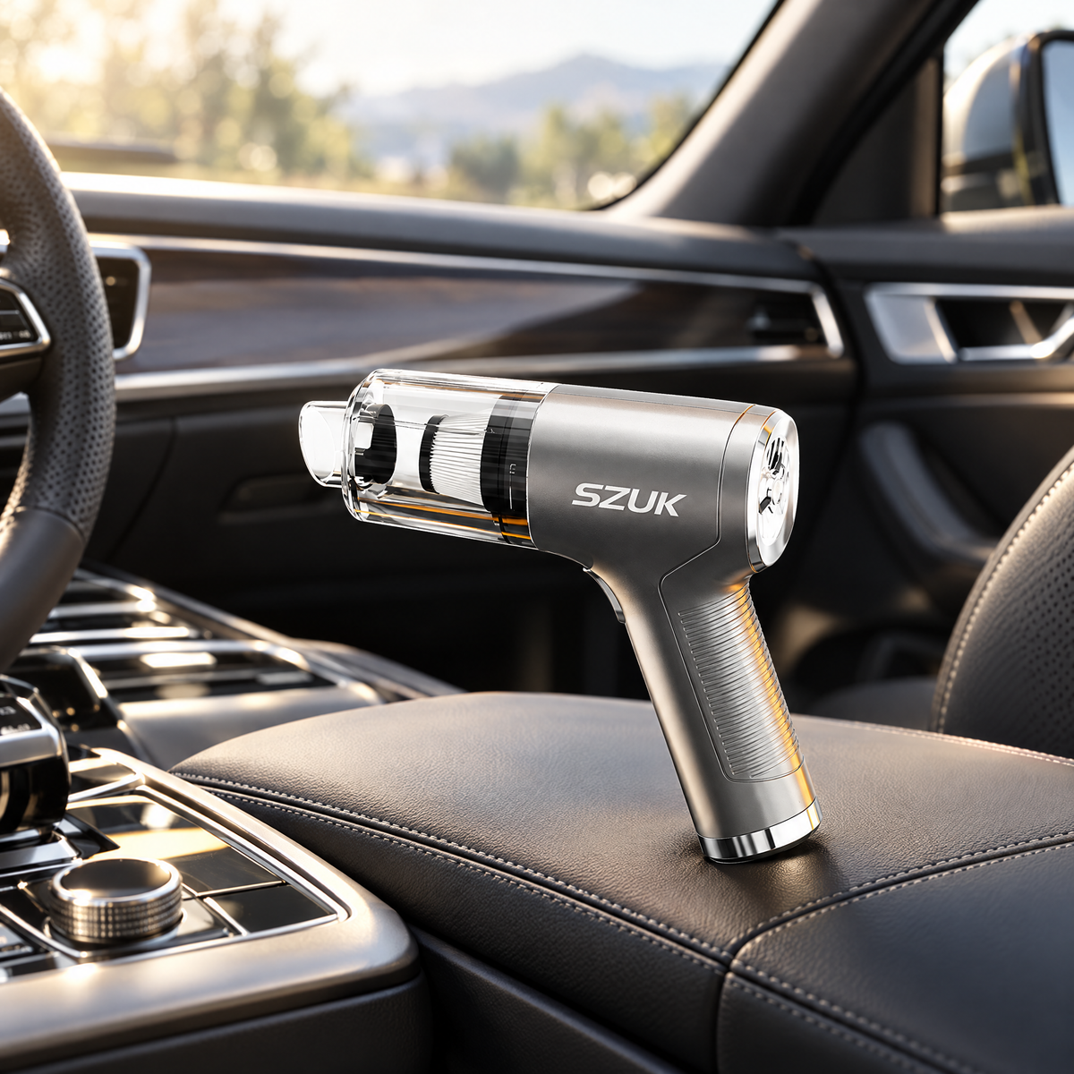 Cordless mini car vacuum on a car centre console