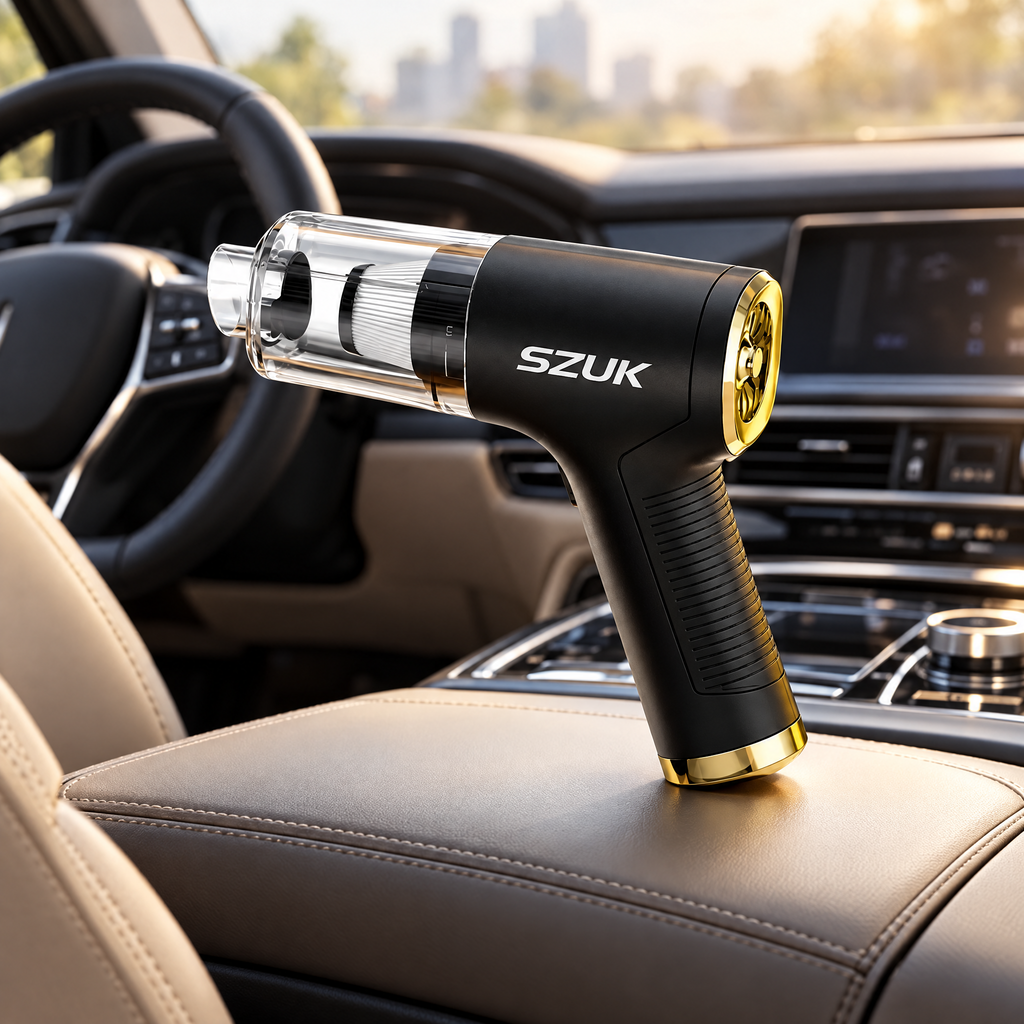 Brushless cordless car vacuum on a car centre console