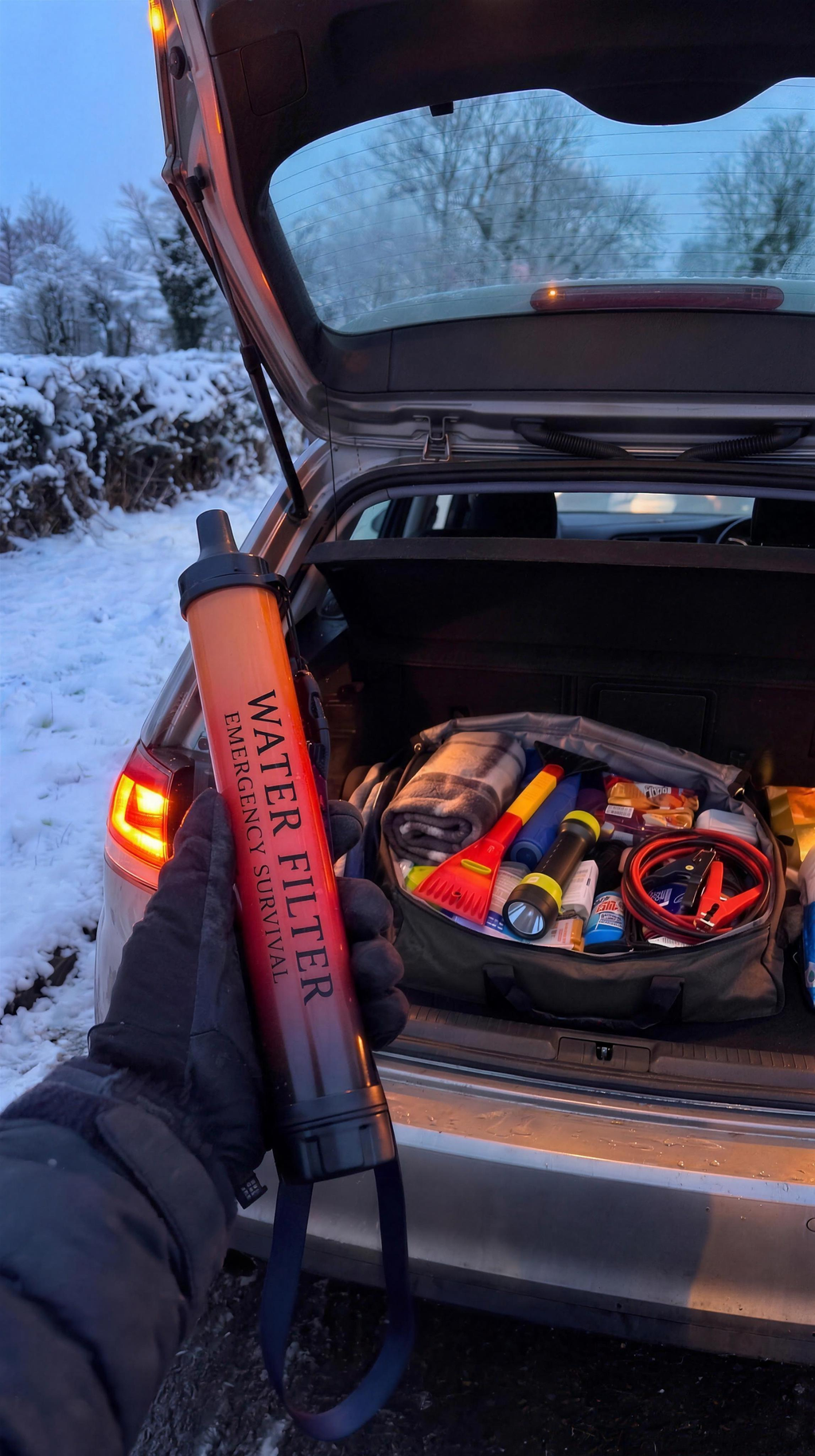 Filter straw in a winter car emergency kit