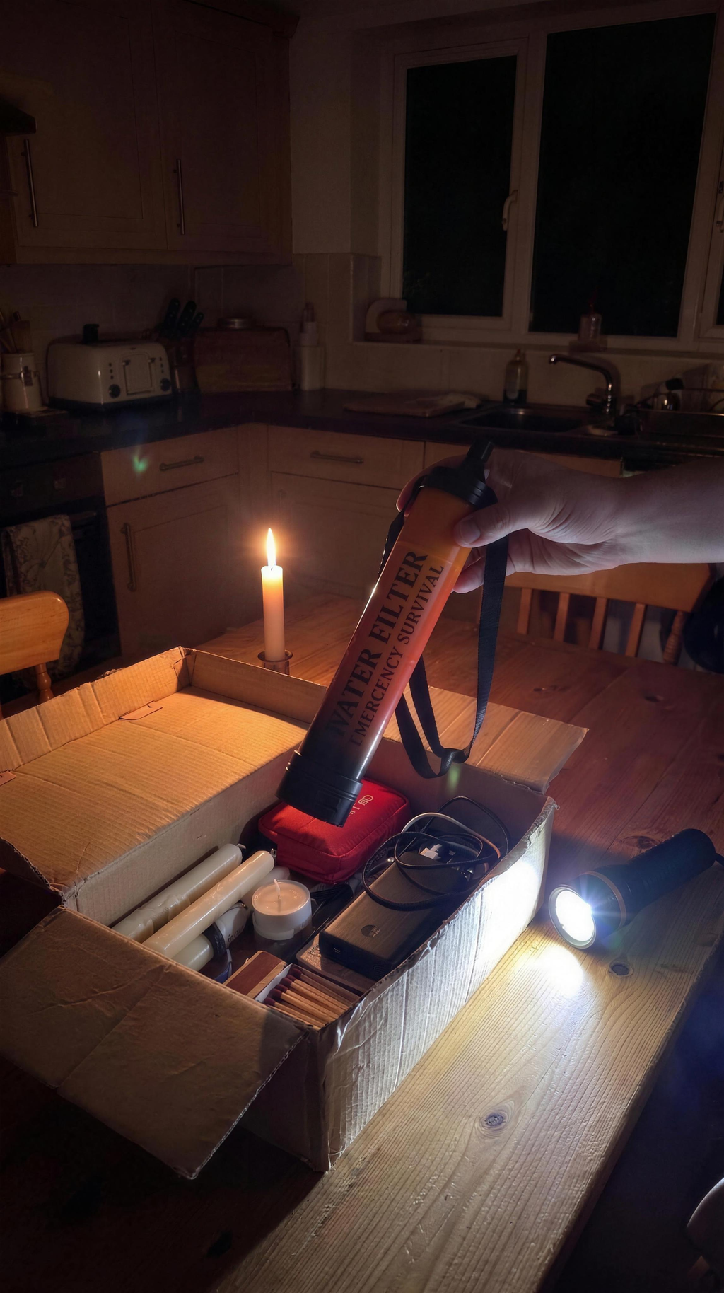 Water filter straw in a home emergency kit during a power cut