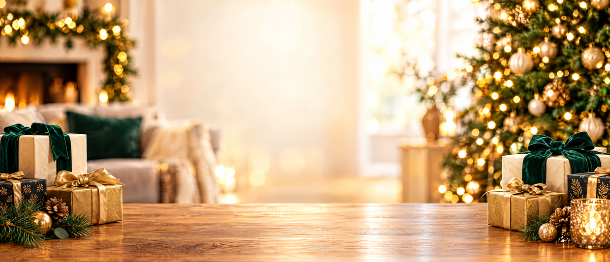 Festive Christmas gifts in black, gold and emerald with warm lights
