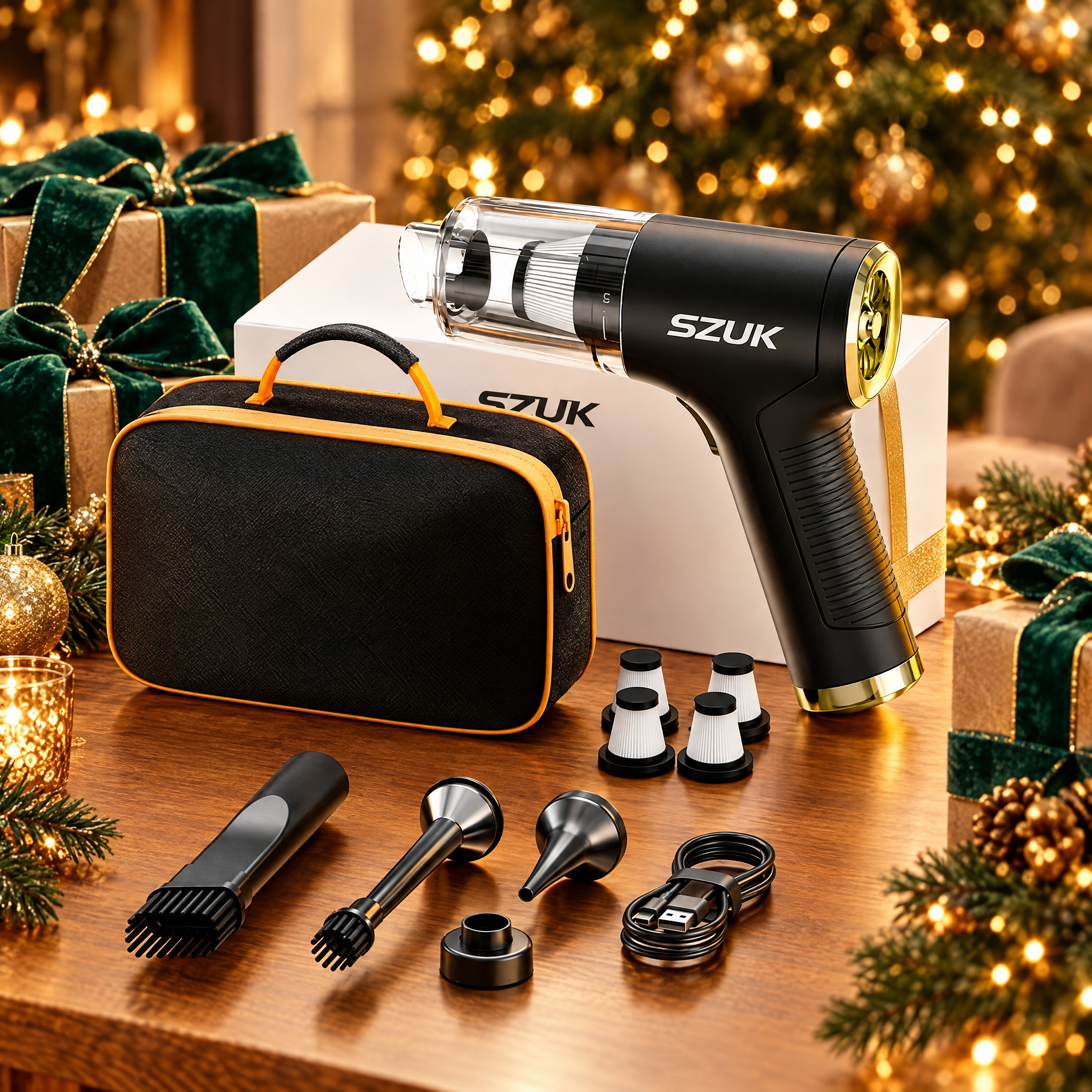 Brushless car vacuum gift box beside Christmas presents