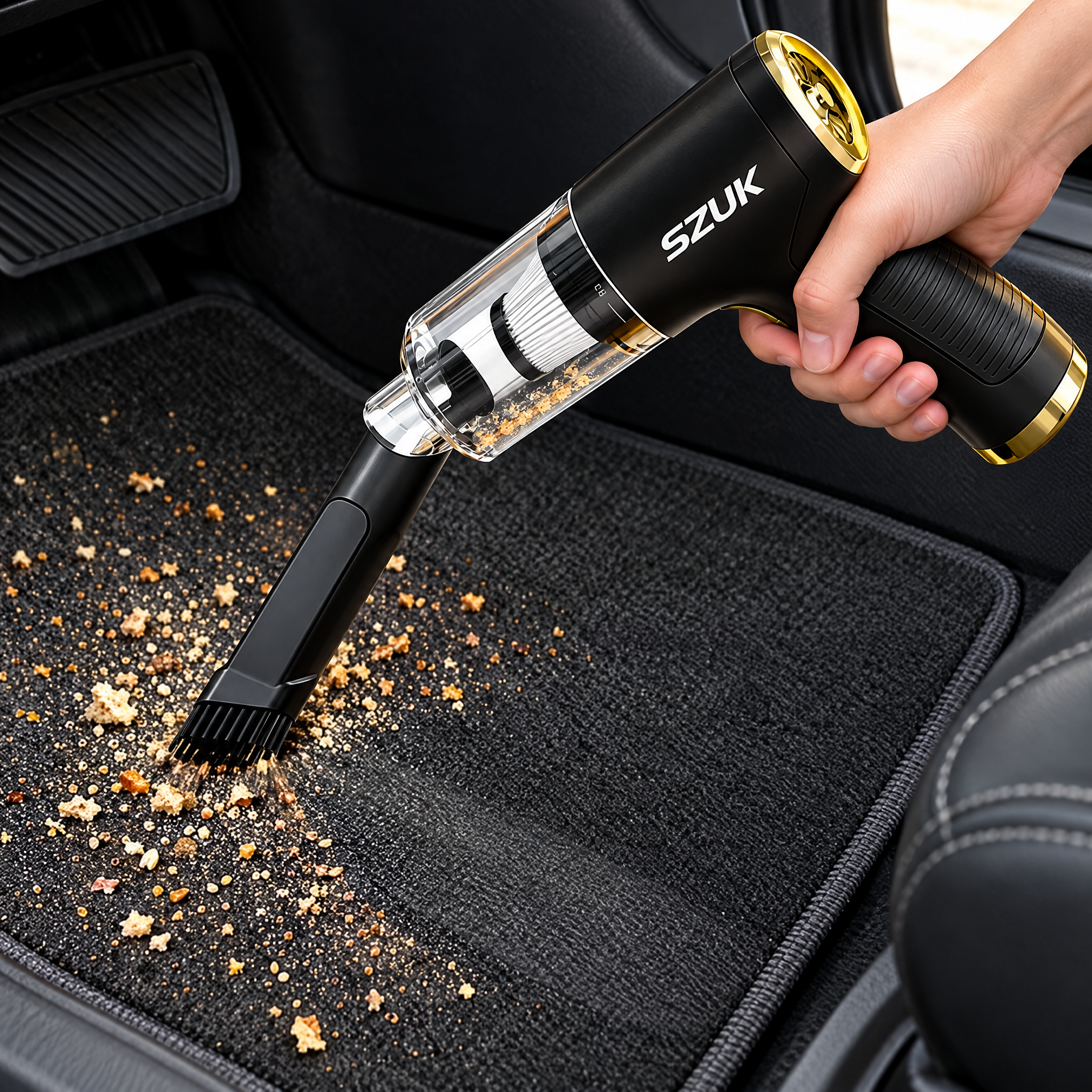 Brushless handheld car vacuum cleaning a car floor mat